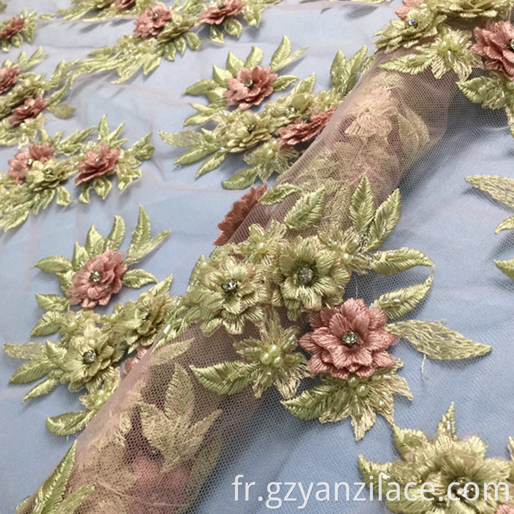 Green Flower Handwork Pearl Tulle Lace Fabric